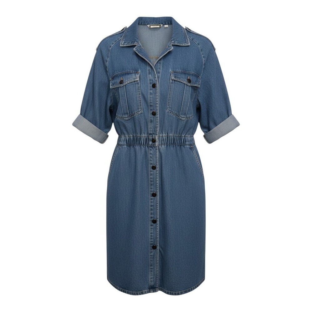 VTG Ideas Denim‎ Shirt Dress Blue Button Front Elastic Waist - M